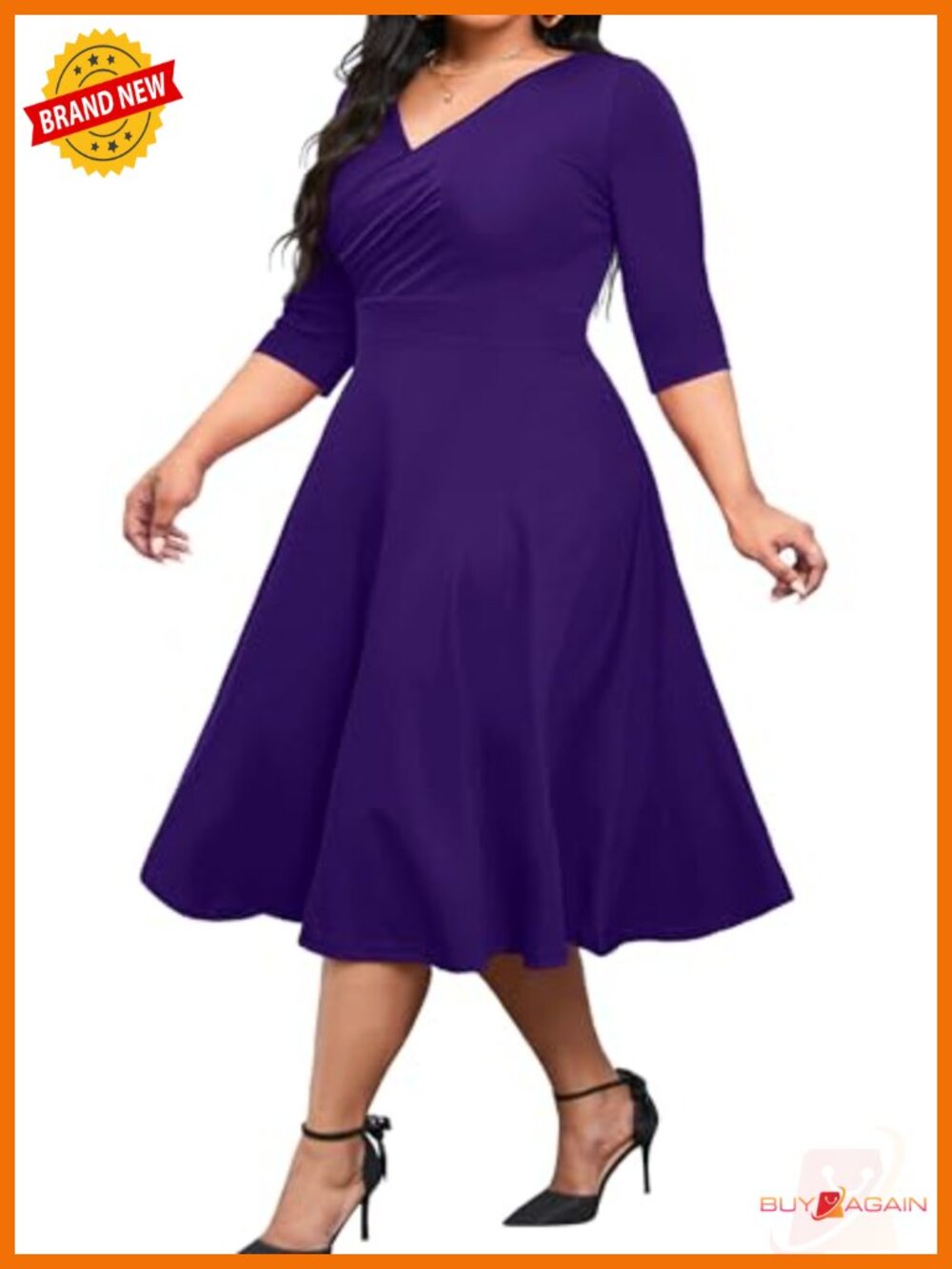 Plus Size Midi Dress A-Line V Neck 3/4 Sleeve Casual Wrap Dress